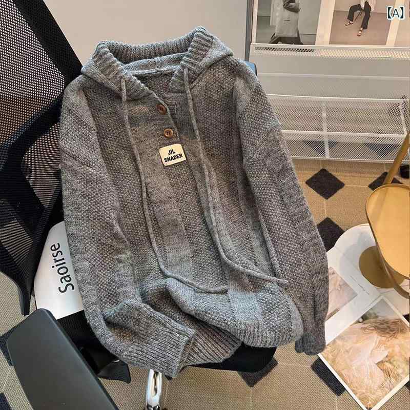 セーター ニット レディース 韓国 風の レイジー スタイルの フード 付き セーター。 レディース アウターウェア、 秋 冬 ミドル 丈、 ..