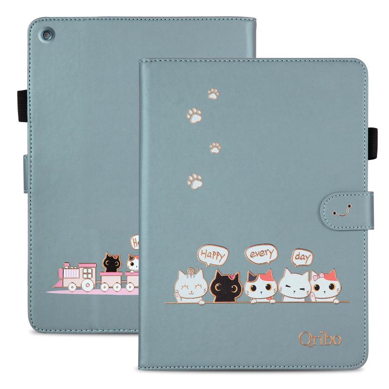Qribo Fire HD 10 /10plus ケース 2021年/2023年販売 シンプルなのに可愛いデザイン エンボス加工猫柄 うれしい気持ち 10.1インチ対応 Fire HD 10 カバー 2023 複数の視野角 スリムフィット Fire HD