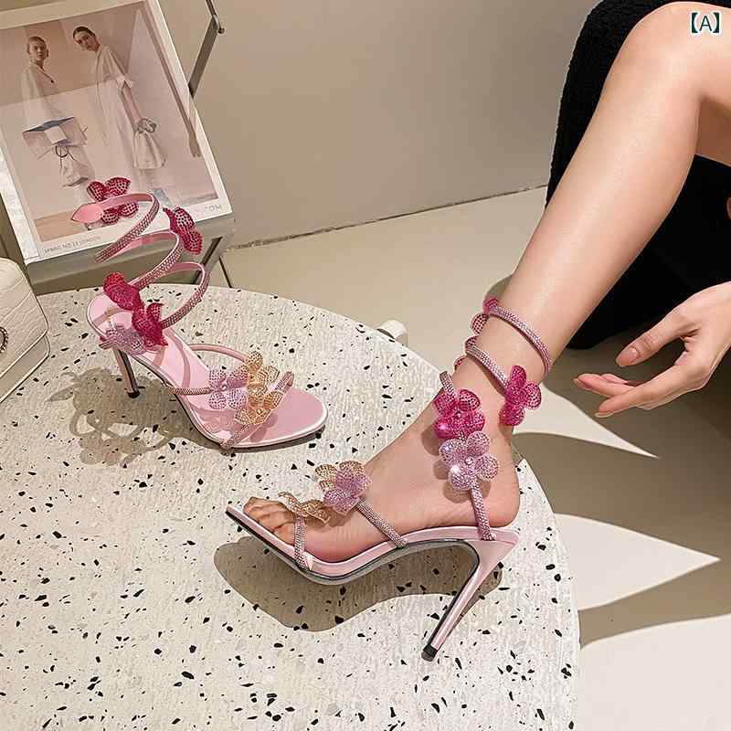 ハイヒール レディース シューズ シープスキン バー ジョン〜 ハンドメイド シリーズ ラインストーン フラワー レディース ハイヒール オープントゥ キャットウォーク セクシー エレガント サンダル 女性用