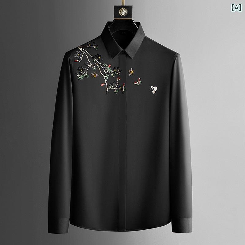 刺繍 メンズ レディース トレンド 2022年秋、中国風の高級刺繍入り白シャツ。男性用、おしゃれな長袖でシワになりにくい。ボディコンシャスでトレンドのカジュアルシャツ。
