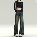 デニム レディース デニムパンツ ラシャベルのレトロなハイウエスト、ワイドレッグのジーンズ。2025年春の新作で、シワが入っていて痩せ見えする直筒パンツです。