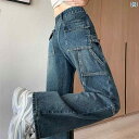 デニム レディース デニムパンツ 2025年春の新作、微胖の女性に最適な、高腰で筒状の広がるワイドレッグジーンズ、レトロな装いにおすすめ。