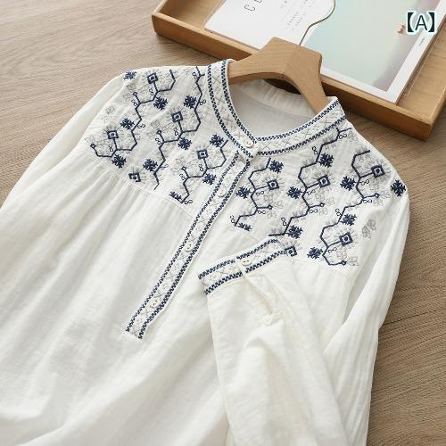 メンズ レディース 刺繍 エスニック風の刺繍が施されたダブルレイヤーの綿シャツは、春と秋にぴったり。オシャレなカジュアルトップス。