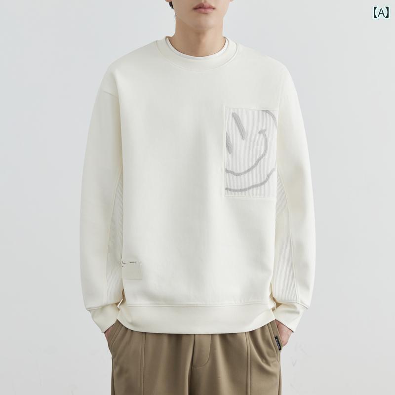 メンズ レディース 刺繍 WOOG2005の白い笑顔の刺繍が施されたラウンドネックのスウェットシャツ、男性用、2025年春秋季に最適なリラックスしたルーズフィットのロングスリーブトップです。