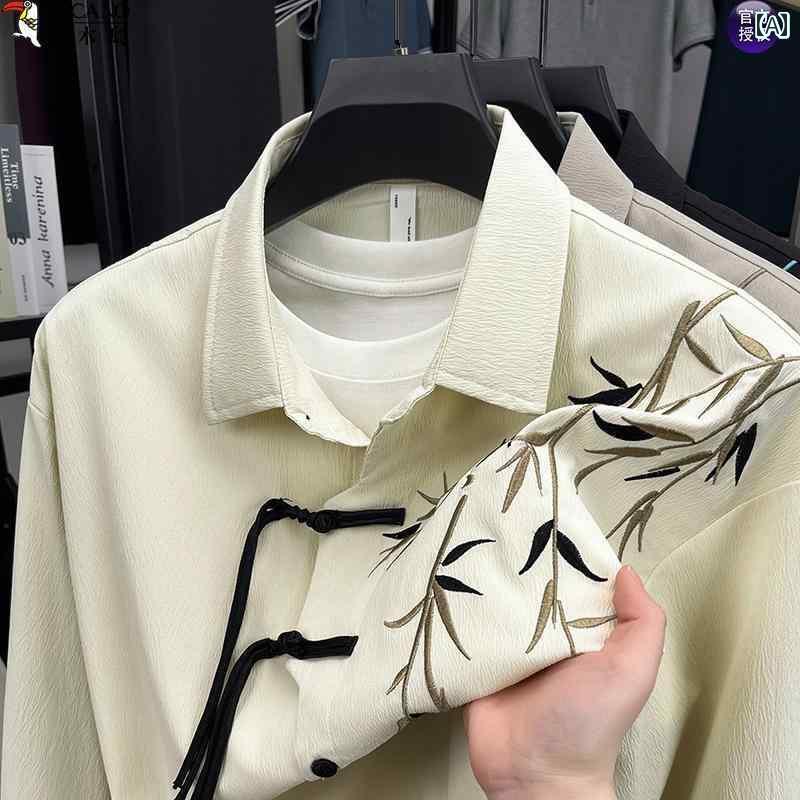 メンズ レディース 刺繍 啄木鳥の高級な新しい中華風の男性用スタイリッシュな平安竹刺繍の春秋製のシャツ、レトロで国風の長袖シャツ。