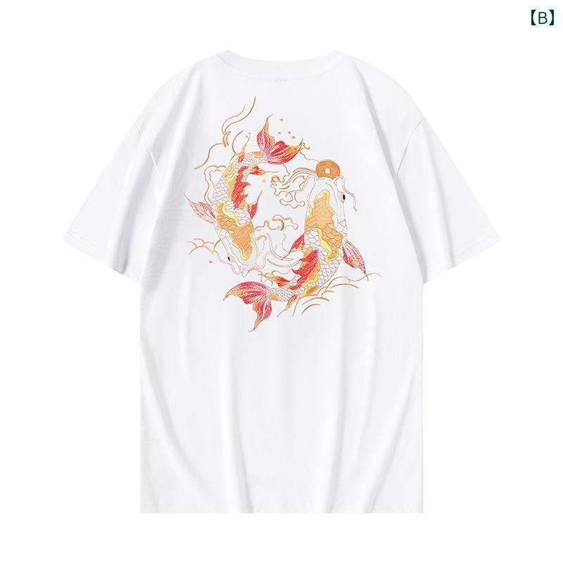 メンズ レディース 刺繍 2024年の新作国風Tシャツは、男性向けのラウンドネックで短袖のデザインで、鯉の刺繍が施されています。重ね着にも合わせやすく、国内外で大人気のアイテムです。