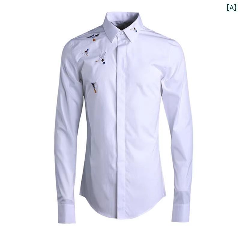メンズ レディース 刺繍 洋風で高級感のあるブランドの男性用アパレル。カッコウが刺繍されたボタンダウンシャツで、トレンドの動物と鳥の刺繍が施されています。シック...