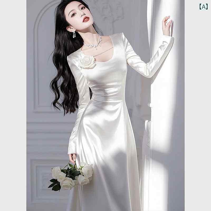 2025年初春の新作、エレガントな白いサテンワンピースドレスは、クラシックなフレンチスタイルで、女性の魅力を引き立てるウエストシルエットが特徴です。