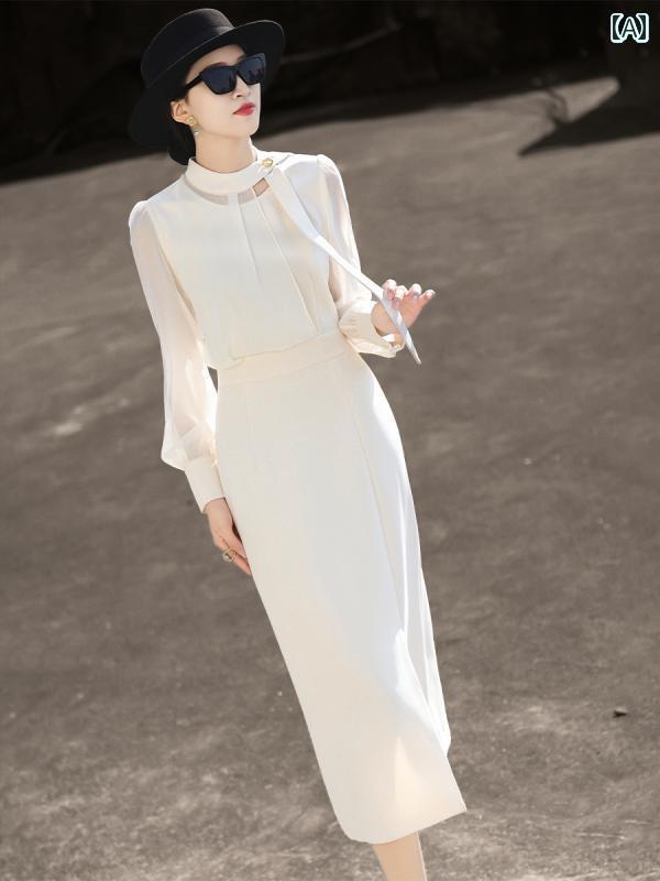 レディース ドレス おしゃれ 2025年春の新作、ランセルのエレガントで知的な通勤用2点セット長袖ドレス、ウエストラインを引き立てる。