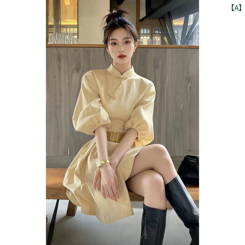 2025年の春の新作、高級感溢れる新しいスタイルの中国風の襟付きワンピースシャツドレスで、ウエストを引き締めスタイルアップしたショートスカート。女性用ファッショ...