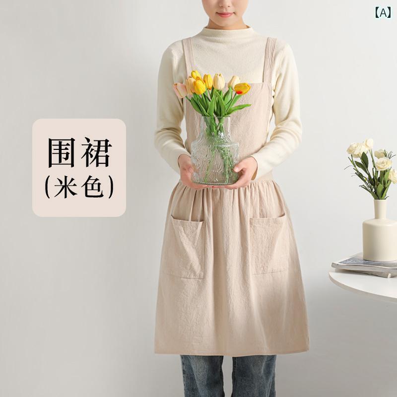 エプロン おしゃれ キッチン 2024年の新しい家庭用エプロンは、純粋な綿で作られており、女性向けの夏の料理や美容のための汚れや油を防ぐための防護服です。