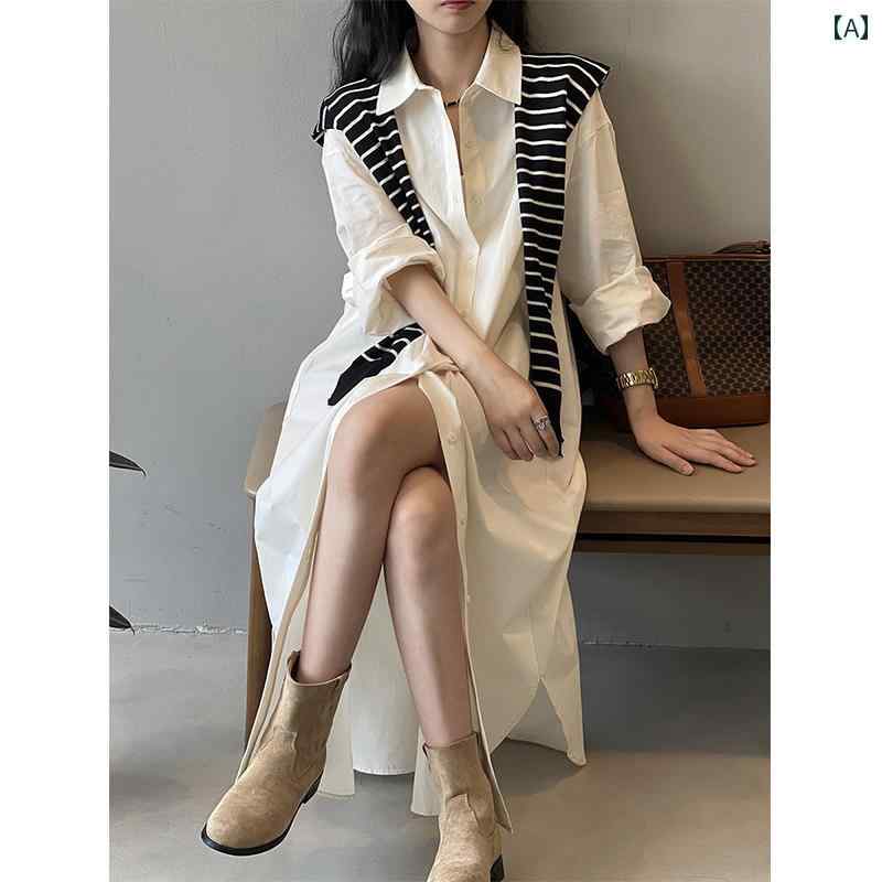 シャツ ドレス レディース ライト カラーの シングルブレストの 不規則な サイドスリットの シャツ スタイルの ドレス、 女性用 ストレートな 気質の ロング スカート、 ナポリ スカート