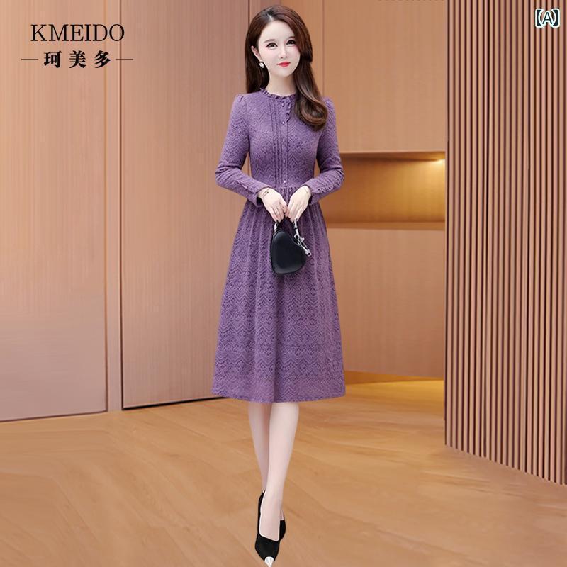 ワンピース ドレス レディース 2025年の新作、高級で贅沢な雰囲気漂う広州十三行のレース長袖ワンピース。春先から秋までおすすめのエレガントなスタイルを演出する、海外風なママ向け。