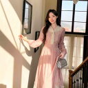 ワンピース ドレス レディース GERTCOREL 2025 春の 新作 気質 デザイン V ネック 年齢を 若く 見せる ウエスト ロング スカート ライト ...