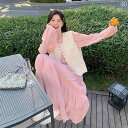 ワンピース ドレス レディース 2025年春秋の新作、上品で優しい雰囲気を漂わせるピンクの長いワンピースセット、ラメ入りベスト付き。
