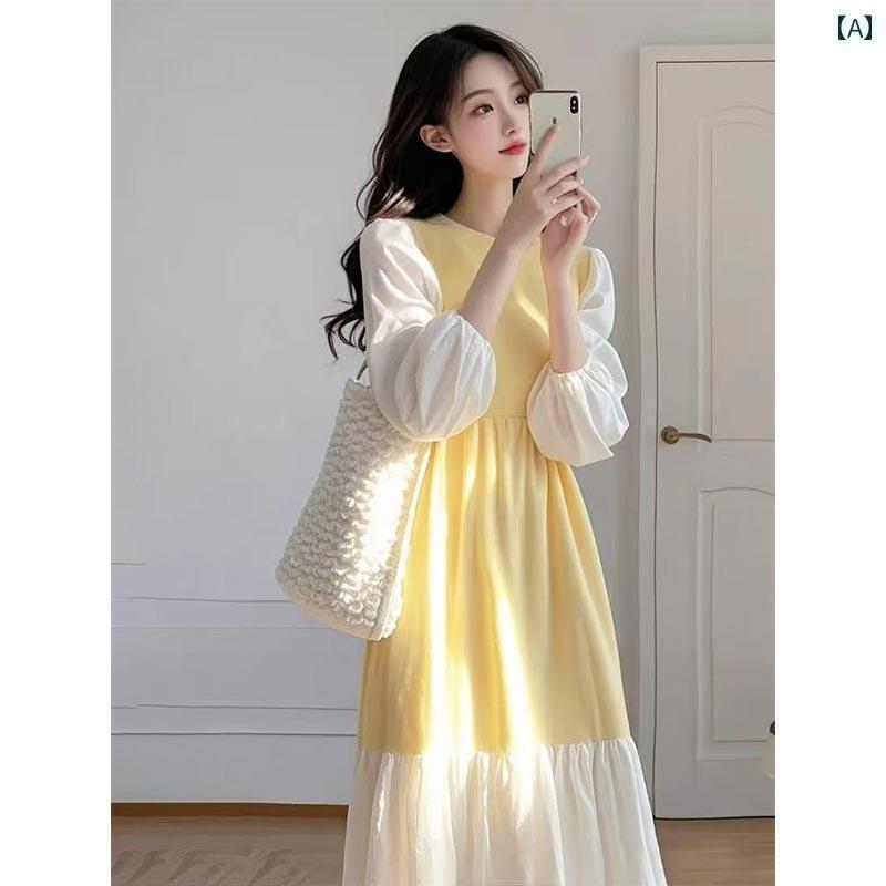 ワンピース ドレス レディース 2025年春のトレンド！今年の注目アイテムは、高級感があり、とてもおしゃれな黄色の切り替えデザインのワンピースです。女性用。