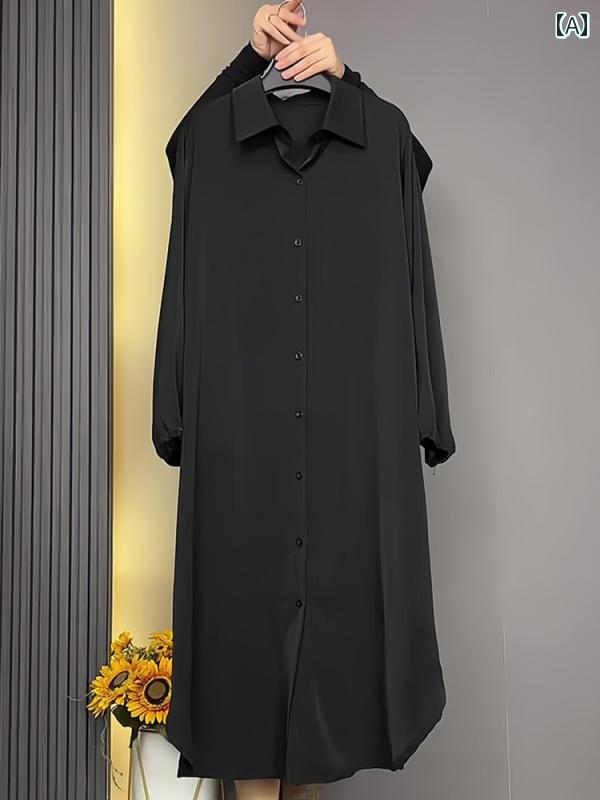 シャツ ドレス レディース ヨーロッパの 商品の 重い 初秋の 新しい 婦人 服 2025 高級 黒 シャツ カーディガン ドレス デザイン ニッチ ファッション