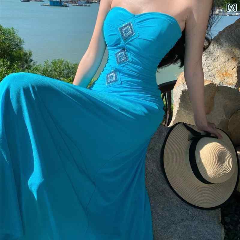 ワンピース ドレス レディース スリムな ウエストと ロング スカートを 備えた レイク ブルーの セクシーな チューブ トップ ドレス、 海辺の 休日 スタイル、 ビーチでの 写真 撮影に 適しています