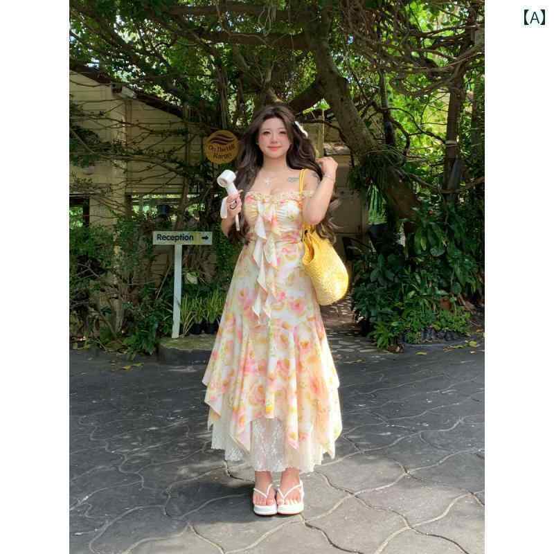 ワンピース ドレス レディース 2025年の春夏の新作、レースと花柄のパッチワークが施されたアニーウィズスカート。微肥満体型向けの大きいサイズで、裾にフリルが付いたロングスカート。