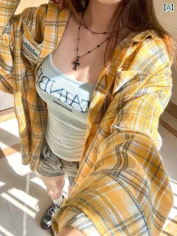 レディース チェック トップス 2025年の春秋に向けた、アメリカンスタイルのレトロな黄色いチェック柄..