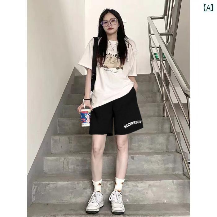 ショートパンツ ハーフパンツ 女性用の2024年夏の新作アメリカンスタイルの黒いスポーツカジュアルショートパンツで、薄手で高いウエスト、ゆったりとした幅広のワイドレッグ、5分丈の中丈です。