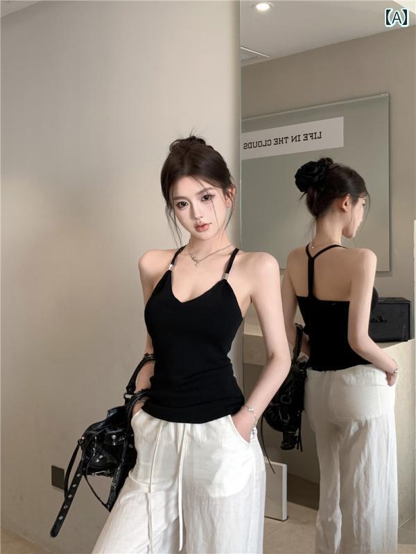 レディース トップス キャミソール レディース トップス キャミソール ホット ガール セクシーな 黒の ホルターネックキャミソール 女性の 夏 スリムフィット インナー V ネック ショート バックレ ストップ 屋外で 着用