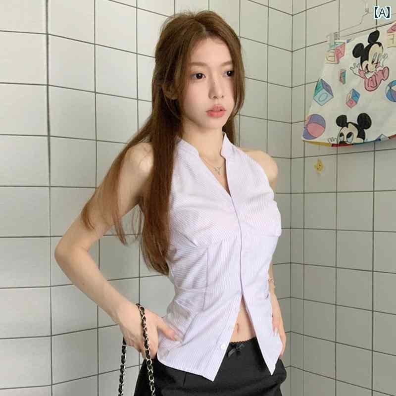 レディース トップス ホルターネック レディース トップス ホルターネック 夏用の 女性用 韓国 ストライプ バック レス ホルターネック ノースリーブシャツ、 ニッチな デザイン、 セクシーな ウエストの ホット ガール ショート トップ