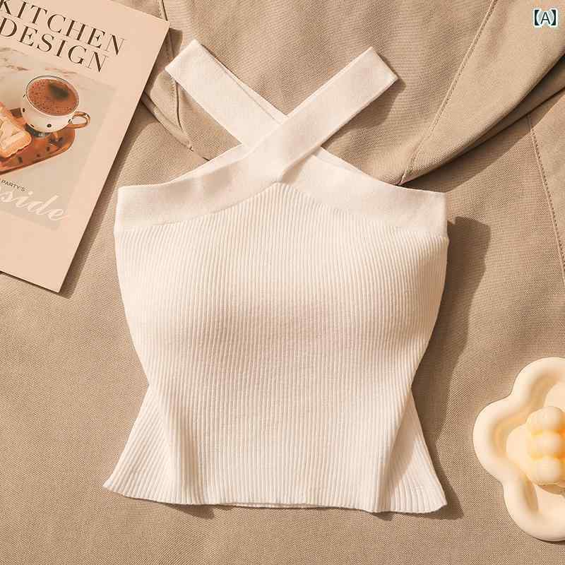 レディース トップス ホルターネック レディース トップス ホルターネック セクシーな クロス ニット ホルターネックキャミソール。 インナーと しても アウターと 着用 可能。 背中が 美しく、 着 痩せ 効果の ある ボトム シャツ。 ノースリーブ(4)