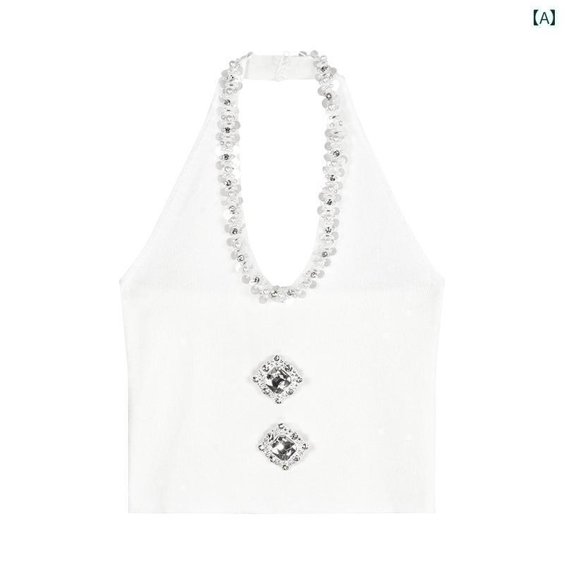 レディース トップス ホルターネック レディース トップス ホルターネック 夏用の 女性用 ヘビーデューティー ダイヤモンド スタッズ 付き バックレス ニット ホルターネックキャミソール、 スリムフィット、 ホット ガール用 ショート ホワイト トップ