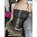 レディース トップス ホルターネック レディース トップス ホルターネック 黒 染め Miekevv ブラック 中空 サスペンダー PU レザーベスト デザイン スリム ショート スリーブレス ホルターネック トップ