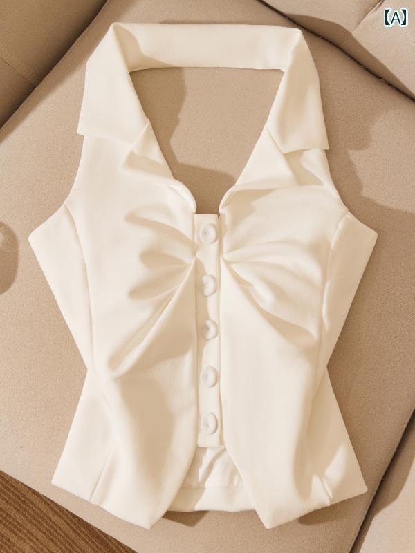 レディース トップス ホルターネック レディース トップス ホルターネック プリーツデザイン、 ニッチ..