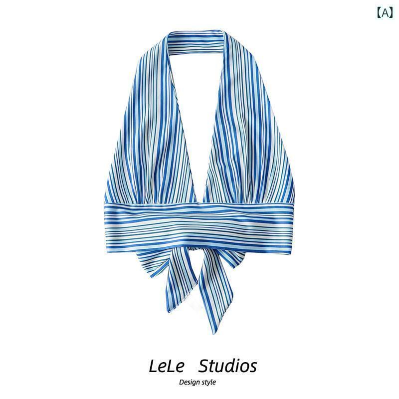 レディース トップス ホルターネック レディース トップス ホルターネック 【 送料 無料】 欧 米 イン ブロガー 風 セクシー ディープ V ネック ホルター ストライプ 着 痩せ ハイ ウエスト ショート ベスト サスペンダー