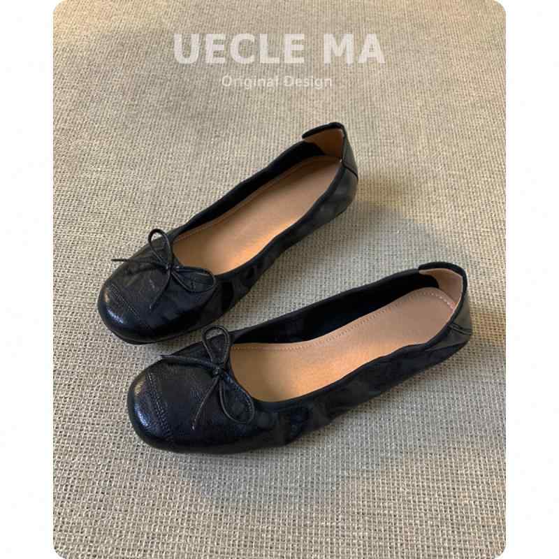 ダンス シューズ 牛 革の第 一 層〜 女性用の レトロな 浅口 靴、 フラットソール、 万能な 蝶 結びの ..