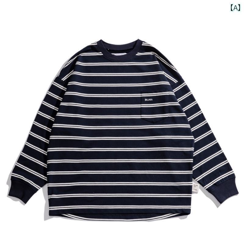 送料無料　Tシャツ　ゆったり　インナー BELLKENIDEA アーリー ライジング スタジオ シティ ボーイ ストライプ プロフィール 長袖 メンズ レトロ ルーズ カジュアル トレンディ オール マッチ