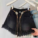 ショートパンツ ハーフパンツ 300 ジン 大きめ サイズ 太い mm デニム ショート パンツ レディース 夏 ハイ ストリート カバー 肉薄 タッセル ホ...