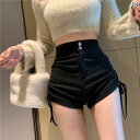 ショートパンツ ハーフパンツ 黒 巾着 ショーツ レデイース 夏の ハイウエスト 痩 身お 尻 カバー 優雅 ホット ティーズ 弾性 タイトな パンツ