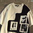 レディース Tシャツ 半袖 特大 サイズ 300 ジン パッチ カラーマッチング ラウンドネック Tシャツ メンズ 夏 半袖 イン ハーフスリーブ トップ 2