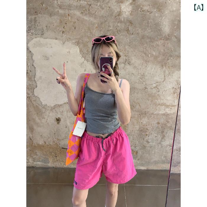 　レディース　ショート　パンツ　 アメリカン レトロ ピンクの 速乾 カジュアル ショート パンツ 女性用 夏用 ドローストリング ハイウエスト ワイド レッグ ゆったり ストレート