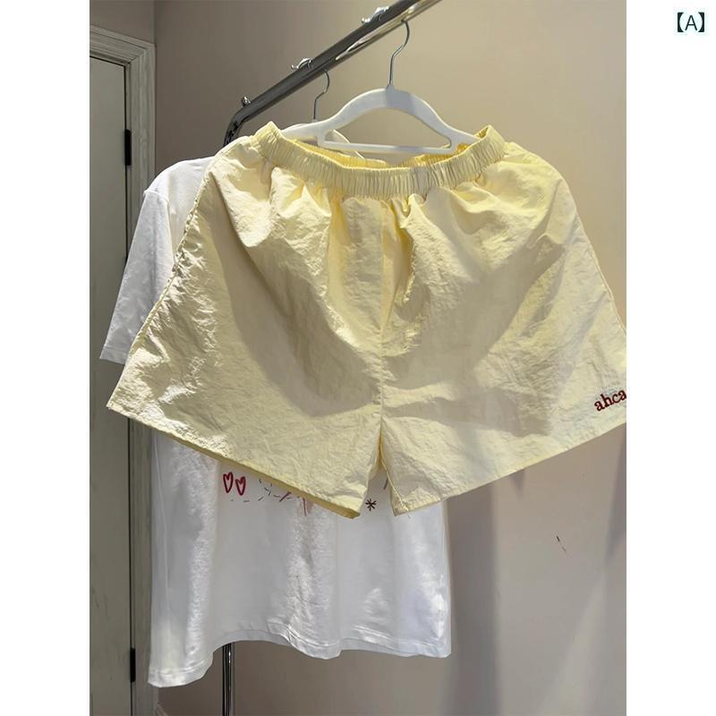 　レディース　ショート　パンツ　 アメリカン ライト イエロー クール 速乾 スポーツ ショーツ レディース 夏 薄手 2024 カジュアル a ライン ワイド レッグ ホット パンツ