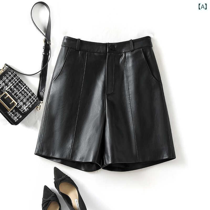 　ショート　ハーフ　パンツ　 Haining 革 ショート パンツ 女性用 ハイウエスト シープスキン ワイド レッグ と カジュアル aライン レザーブーツ