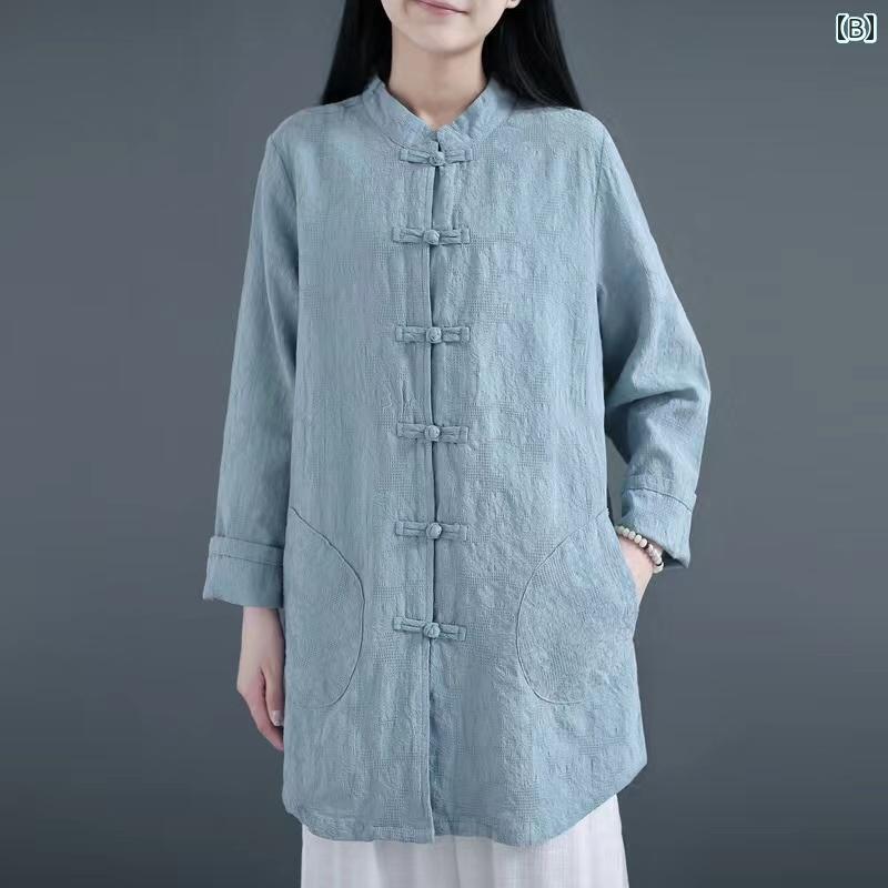 　レディース　シャツ　トップス ヴィンテージ スタンドカラー ボタン コットン &ampamp リネン ジャカード ミドル 丈 長袖 シャツ レディース ゼン トップ