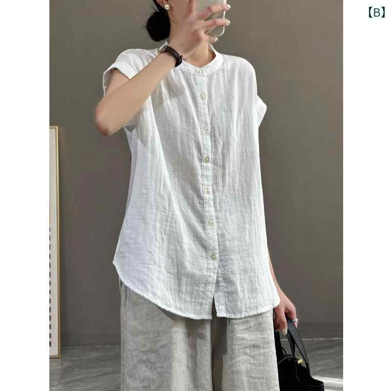 　レディース　シャツ　トップス 和風 コットンと リネンの レディース 半袖 シャツ ゆったり カジュアル スタンドカラーリネン トップス