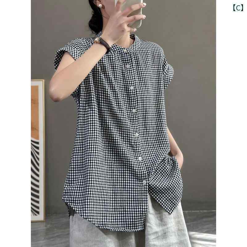 　レディース　シャツ　トップス 和風 コットンと リネンの レディース 半袖 シャツ ゆったり カジュアル スタンドカラーリネン トップス