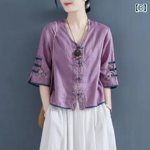 　レディース　シャツ　トップス 女性用 コットンリネン シャツ レトロ 夏 2025 ゆったり ショート Vネック チャイナ ボタン Tシャツ 半袖 トップス