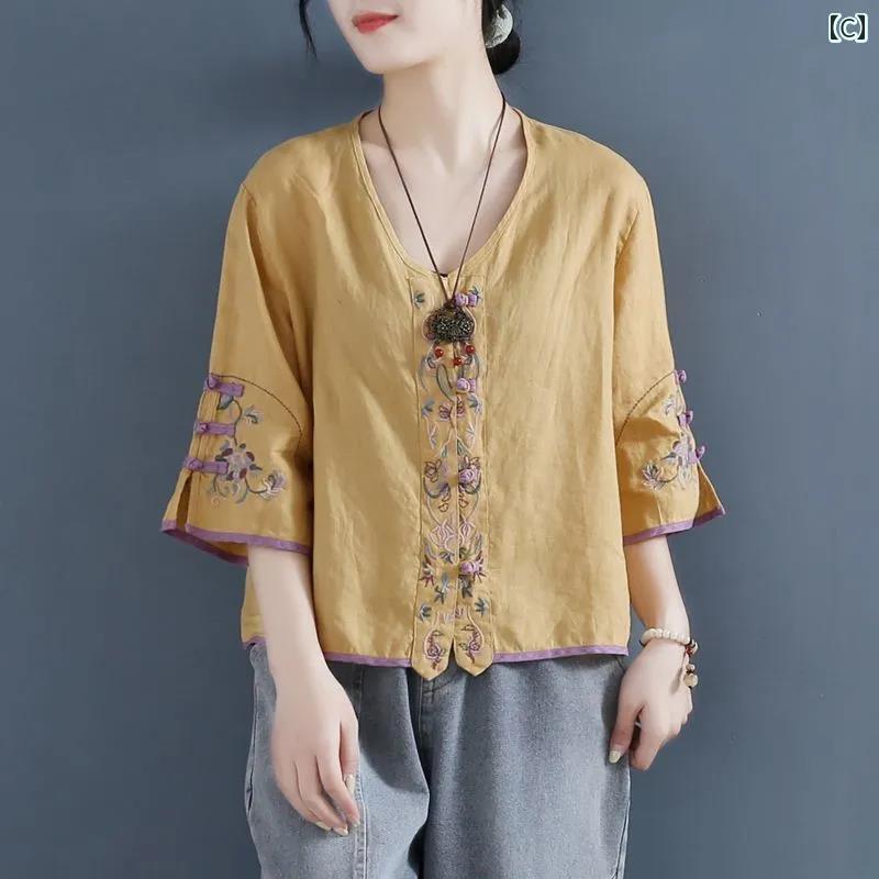 　レディース　シャツ　トップス 女性用 コットンリネン シャツ レトロ 夏 2025 ゆったり ショート Vネック チャイナ ボタン Tシャツ 半袖 トップス