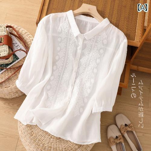 レディース　　シャツ　トップス カット ラベル レトロ 刺繍 ラミー シャツ レディース 夏 ゆったり カ..