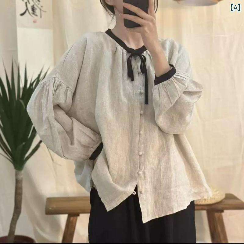 レディース　　シャツ　トップス 2025 春 リネンシャツ レディース アーティスティック レトロ 長袖 トップス カジュアル 優しい 年齢を 感じさせにくい レースアップ シャツ