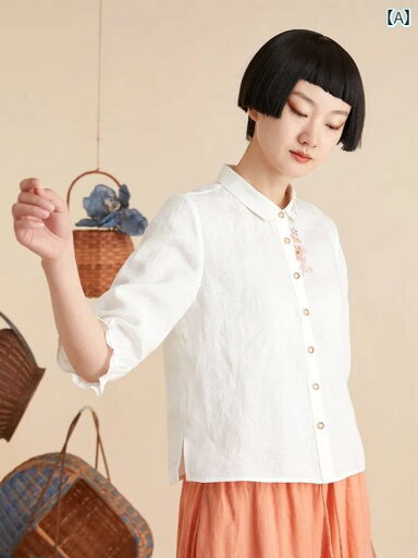 レディース シャツ トップス 文学的な レトロ 刺繍の 綿 リネンの シャツ レディース 夏の 薄手の な ゆったり中 袖 日焼け防止 レディース シャツ トップス 文学的な レトロ 刺繍の 綿 リネンの シャツ レディース 夏の 薄手の な ゆったり中 袖 日焼け防止