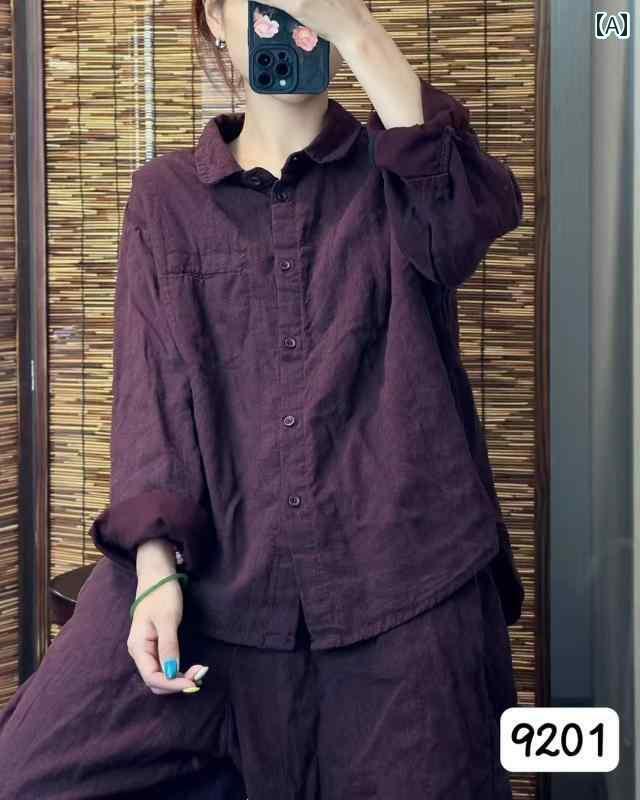 レディース　　シャツ　トップス 9201 二 重層 サンド ウォッシュ リネン トップ カジュアル コットンリネン シャツ インナー 層 コットン 生地 胸囲 126 着 丈約 65