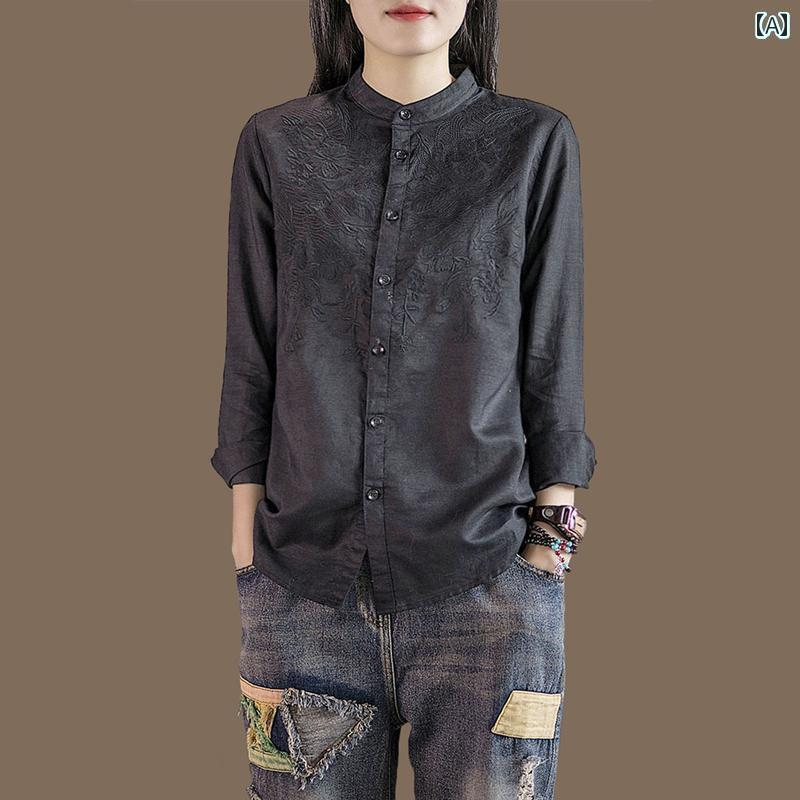 レディース　　シャツ　トップス ラスト オーダー フランス レディース レトロ コットンリネン 刺繍 シャツ 春 カジュアル 万能 長袖